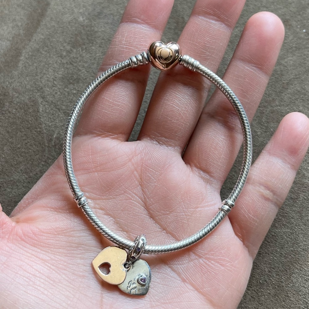 Pandora Snake Bracelet Rose Gold Heart Clasp W/ Pandora Charm